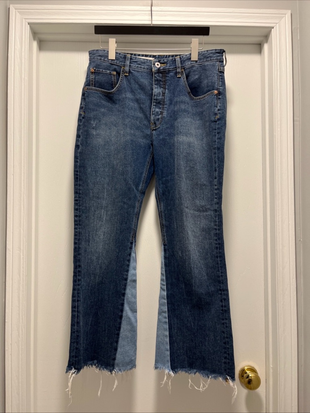 Pilcro & Letterpress Womens 30 32x29 Bootcut Flare Button Fly Blue Raw Hem Jeans